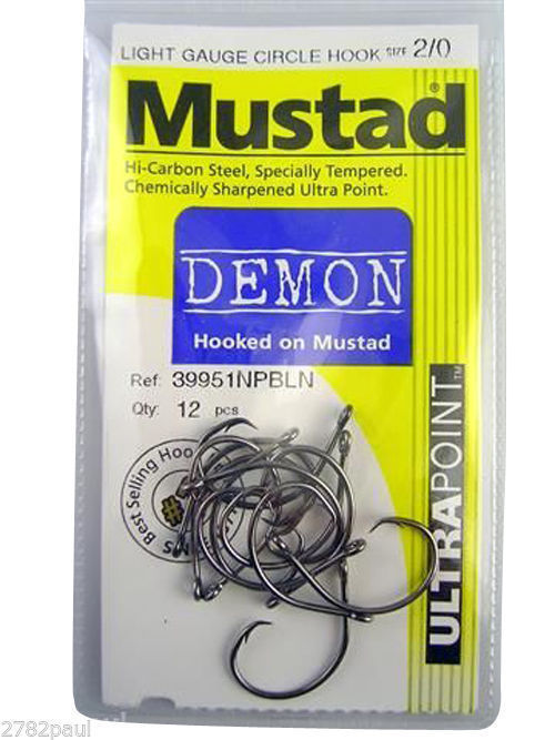 Mustad Demon Circle Hooks Size 2/0 Qty 12- 39951npbln Chemically Sharpened  Hooks