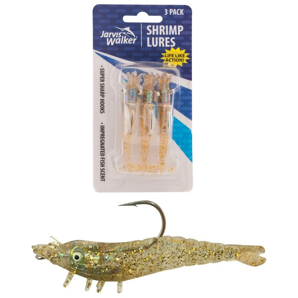 3 Pack of Rigged Jarvis Walker Scented Shrimp Soft Body Lures-Clear Gold/ Glitter