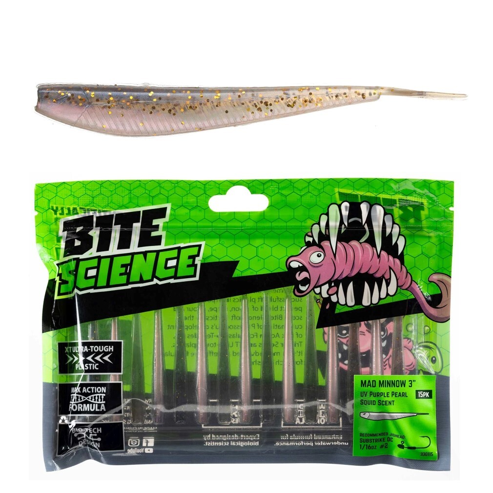 15 Pack of 3 Inch Bite Science Mad Minnow Soft Plastic Lures with Squid  Scent - UV Purple Pearl