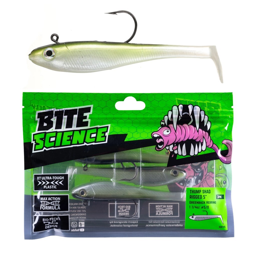 3 Pack of 5 Inch Bite Science Thump Shad Rigged Soft Plastics