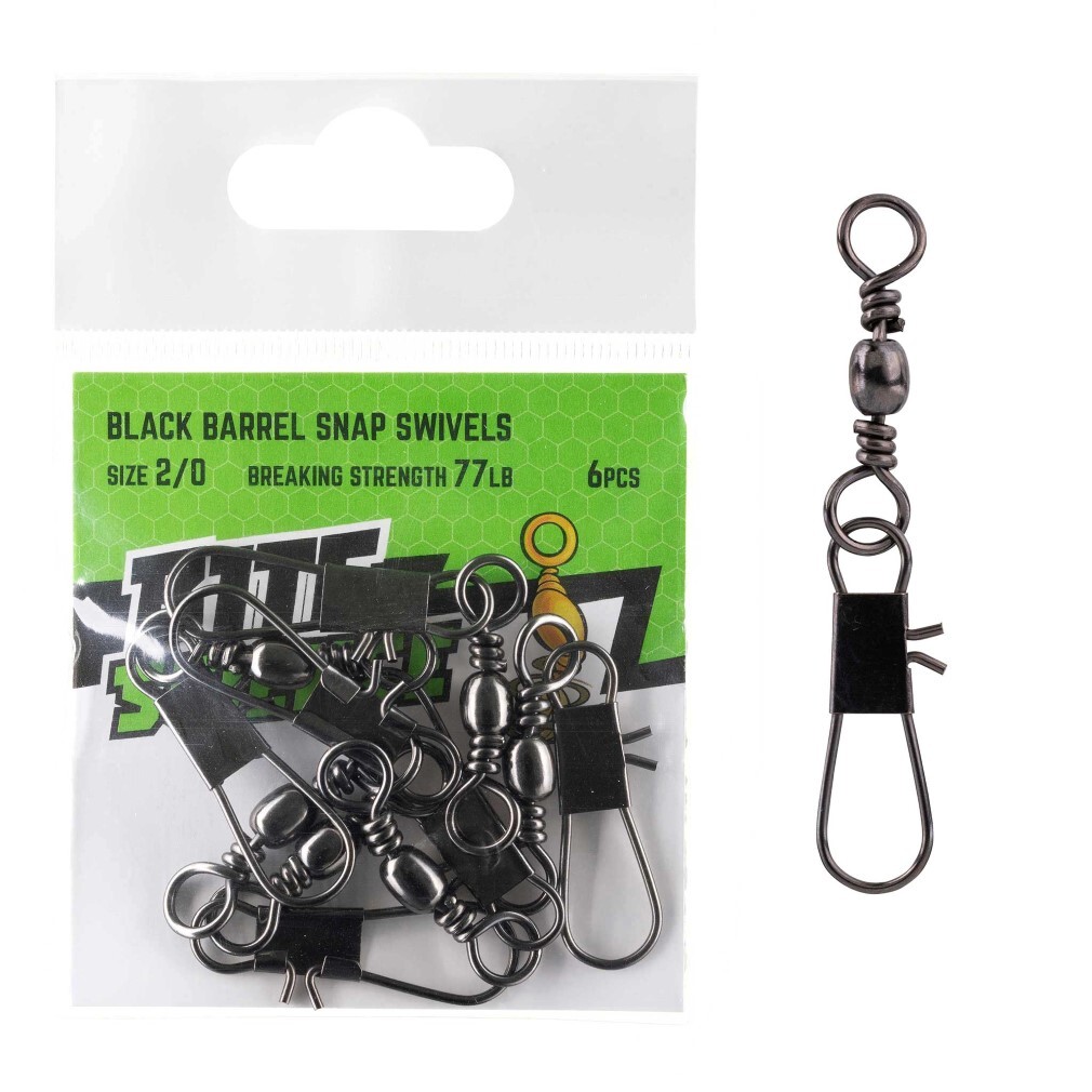 6 Pack of Size 2/0 Bite Science Black Barrel Fishing Swivels with