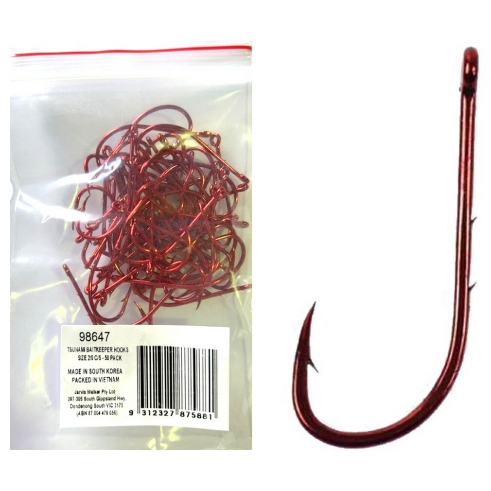 50 Pack of Tsunami Size 2/0 Chemically Sharpened Red Baitkeeper