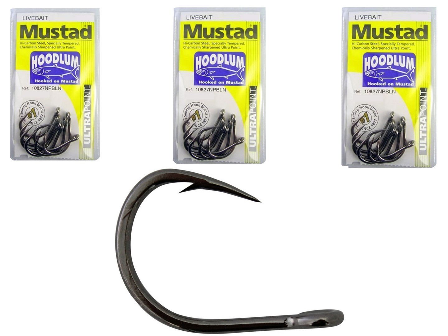 3 Packs of Mustad 10827NPBLN Hoodlum 4x Strong Chemically Sharp Fishing  Hooks