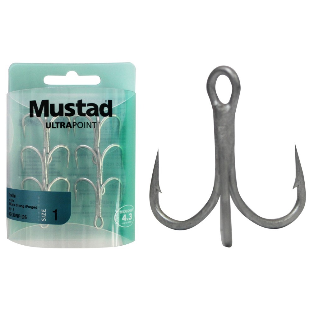 Mustad Jaw Lok 5X Strong Barbed Treble Hook Golden