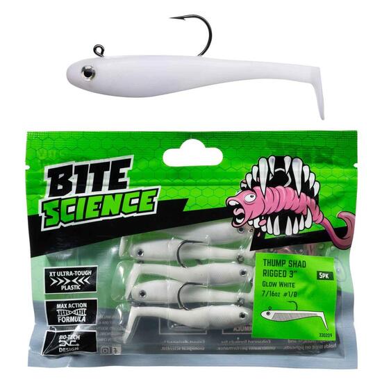 5 Pack of 3 Inch Bite Science Thump Shad Rigged Soft Plastics - Glow White