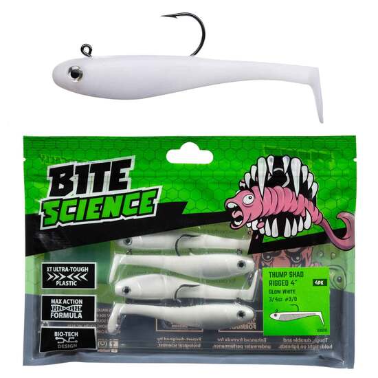 4 Pack of 4 Inch Bite Science Thump Shad Rigged Soft Plastic Lures - Glow White