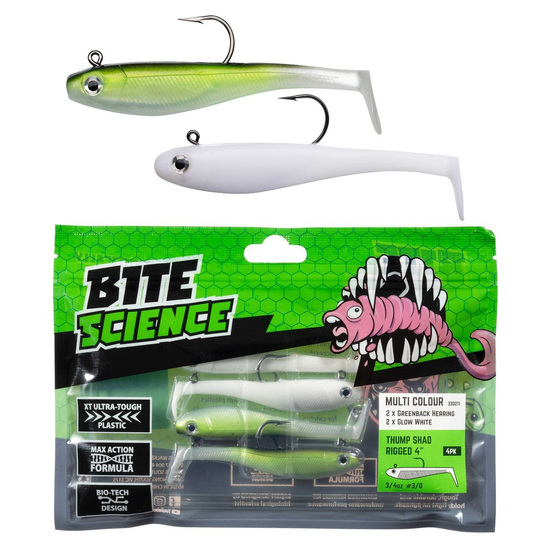 Bite Science Multi-Pack of Rigged 4"' Rigged Thump Shad Lures - Greenback/White