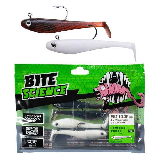 Bite Science Multi-Pack of Rigged 4"' Rigged Thump Shad Lures - Bloodworm/White