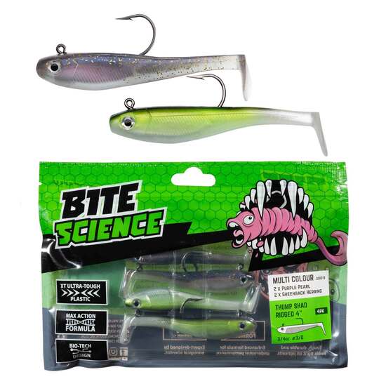 Bite Science Multi-Pack of Rigged 4"' Rigged Thump Shad Lures - Purple/Greenback
