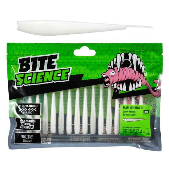 15 Pack of 3 Inch Bite Science Mad Minnow Soft Plastic Lures - Glow White
