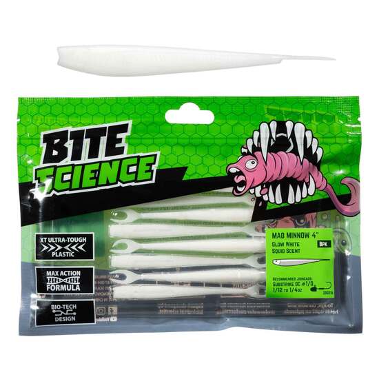 8 Pack of 4 Inch Bite Science Mad Minnow Soft Plastic Lures - Glow White