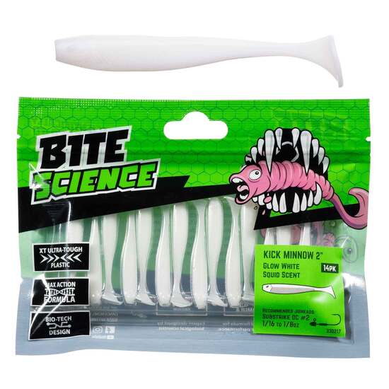 14 Pack of 2 Inch Bite Science Kick Minnow Soft Plastic Lures - Glow White