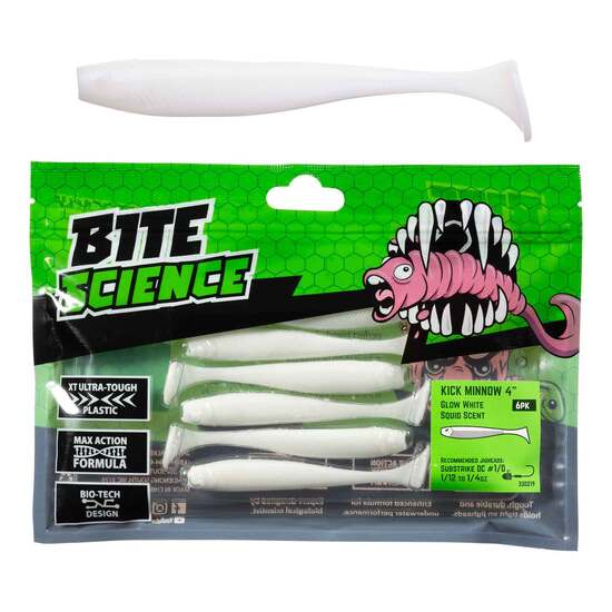 6 Pack of 4 Inch Bite Science Kick Minnow Soft Plastic Lures - White Glow