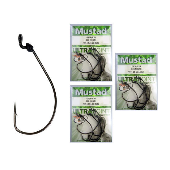5 Pack of Size 2/0 Mustad 38101BLN Grip Pin Big Mouth Ultra Point
