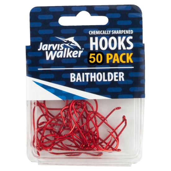 50 Pack of Size 2/0 Jarvis Walker Red Baitholder Chemically Sharpened Hooks
