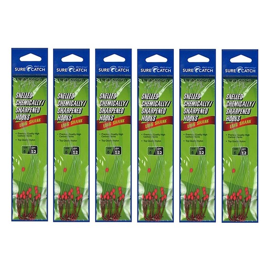 6 Packets of Surecatch Snelled Chemically Sharpened Red Long Shank Hook Rigs (Size:10)