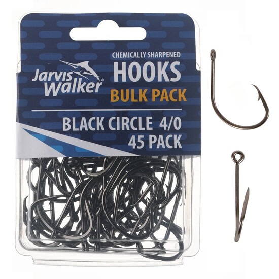 45 Pack of Size 4/0 Jarvis Walker Chemical Sharpened Black Circle Fishing Hooks