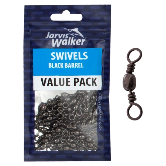 55 Pack of Size 6 Jarvis Walker Black Barrel Fishing Swivels