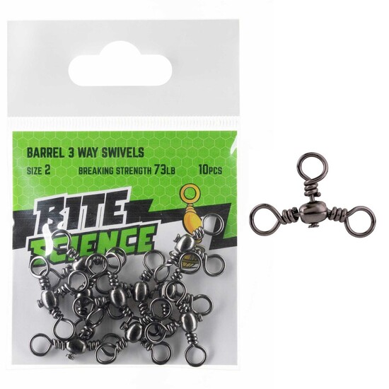 10 Pack of Size 2 Bite Science Black Barrel 3-Way Crossline Fishing Swivels - 73lb