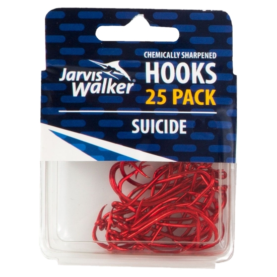 25 Pack of Size 6/0 Jarvis Walker Red Suicide Chemically Sharpened Fishing Hooks