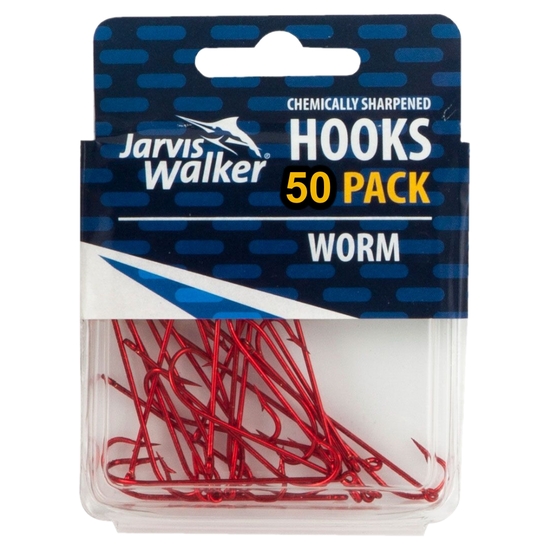 50 Pack of Size 2 Jarvis Walker Red Long Shank Chemically Sharpened Fishing Hooks