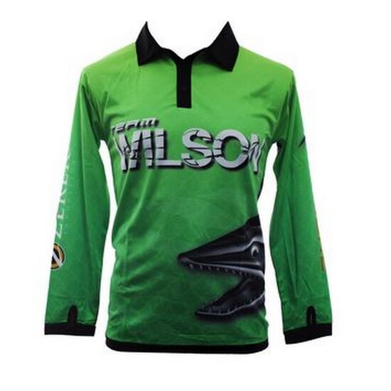 Size 2 Kids Team Wilson Green Tournament Long Sleeve Fishing Shirt with Collar - UPF25+