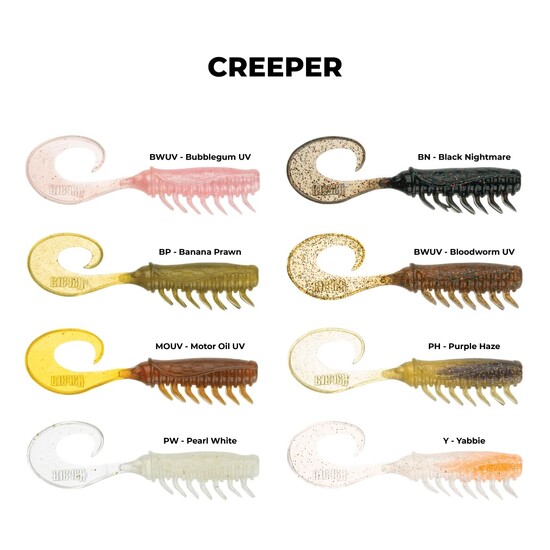 8 Pack of 2.5 Inch Rapala Crush City Creeper Soft Plastic Curly Tail Lures  - Bloodworm UV