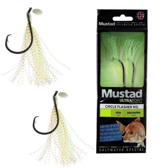 Size 3/0 Mustad Ultrapoint Circle Flasher Rig - Twin Hook Green Chartreuse Fishing Rig