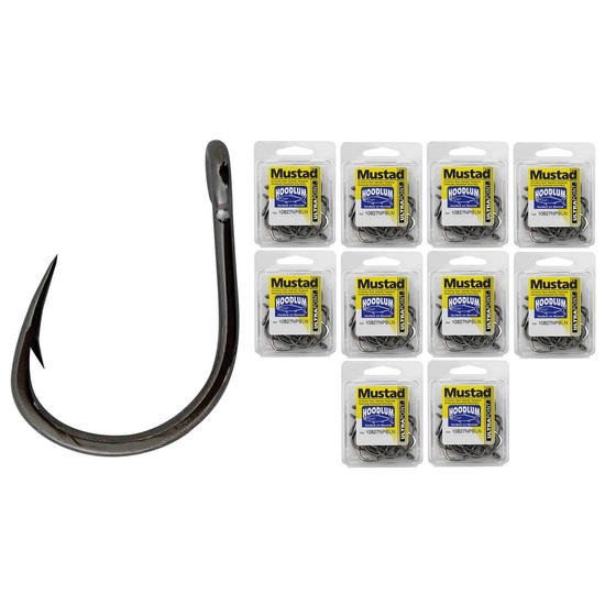 10 Boxes of Mustad 10827NPBLN Hoodlum 4x Strong Chemically Sharpened Fishing Hooks - Size 4/0