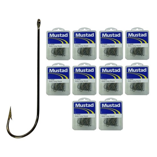 10 Boxes of Mustad 4540 1/2 Bronze Long Shank Kirby Fishing Hooks - Size 1