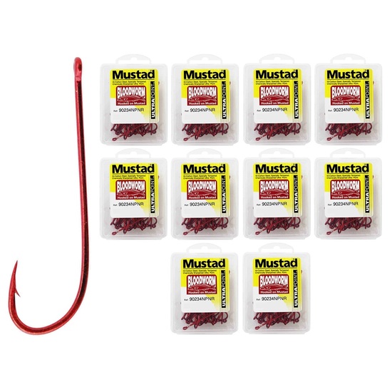 10 Boxes of Mustad 90234NPNR Bloodworm Chemically Sharpened Fishing Hooks - Size 12