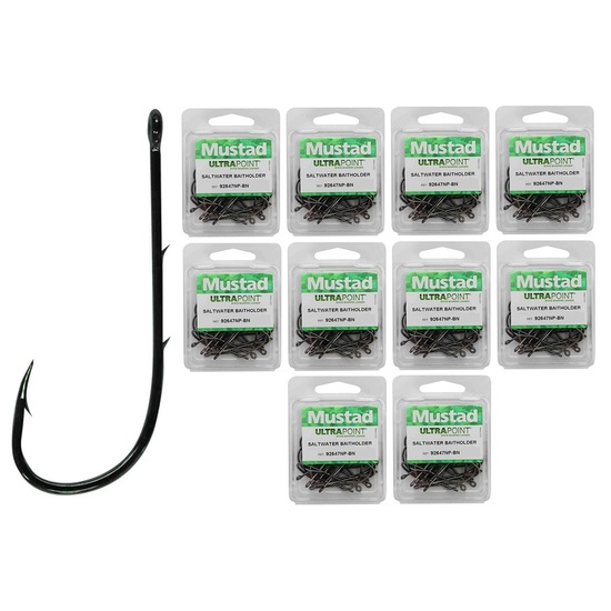 10 Boxes of Mustad 92647NPBLN Long Baitholder Chemically Sharpened Fishing Hooks - SIZE 1/0 