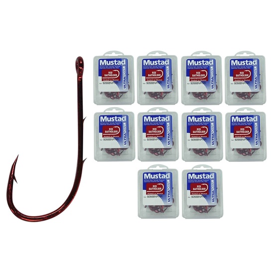 10 Boxes of Mustad 92668NPNR Red Baitholder Chemically Sharpened Fishing Hooks - Size 1 